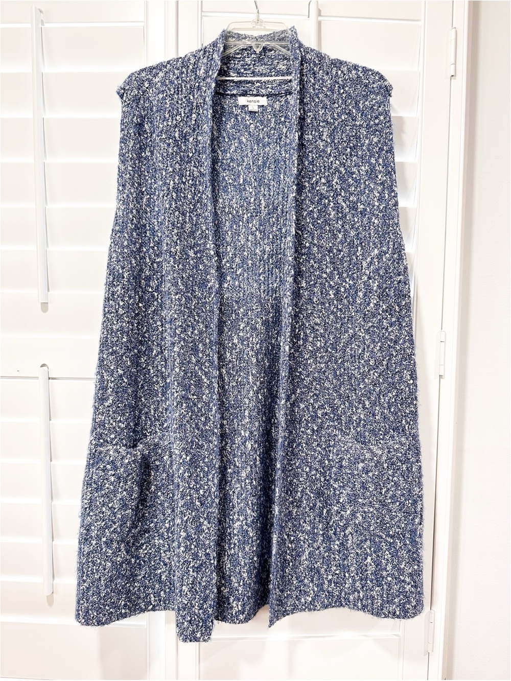 Kensie Blue Marled Open Front Knit Cardigan Sweater Pockets Large Sleeveless